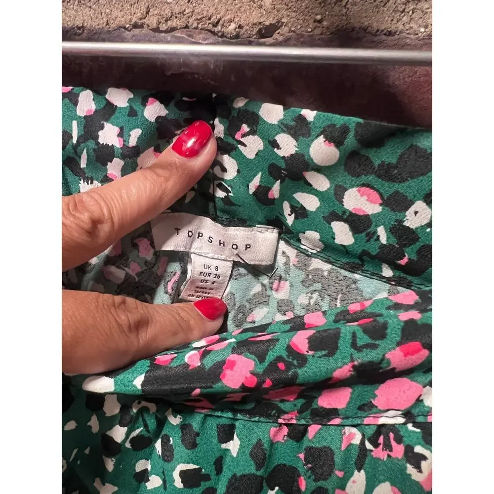 Topshop Green Painted Spot Pleated Midi Skirt Asymmetric High-Low 4